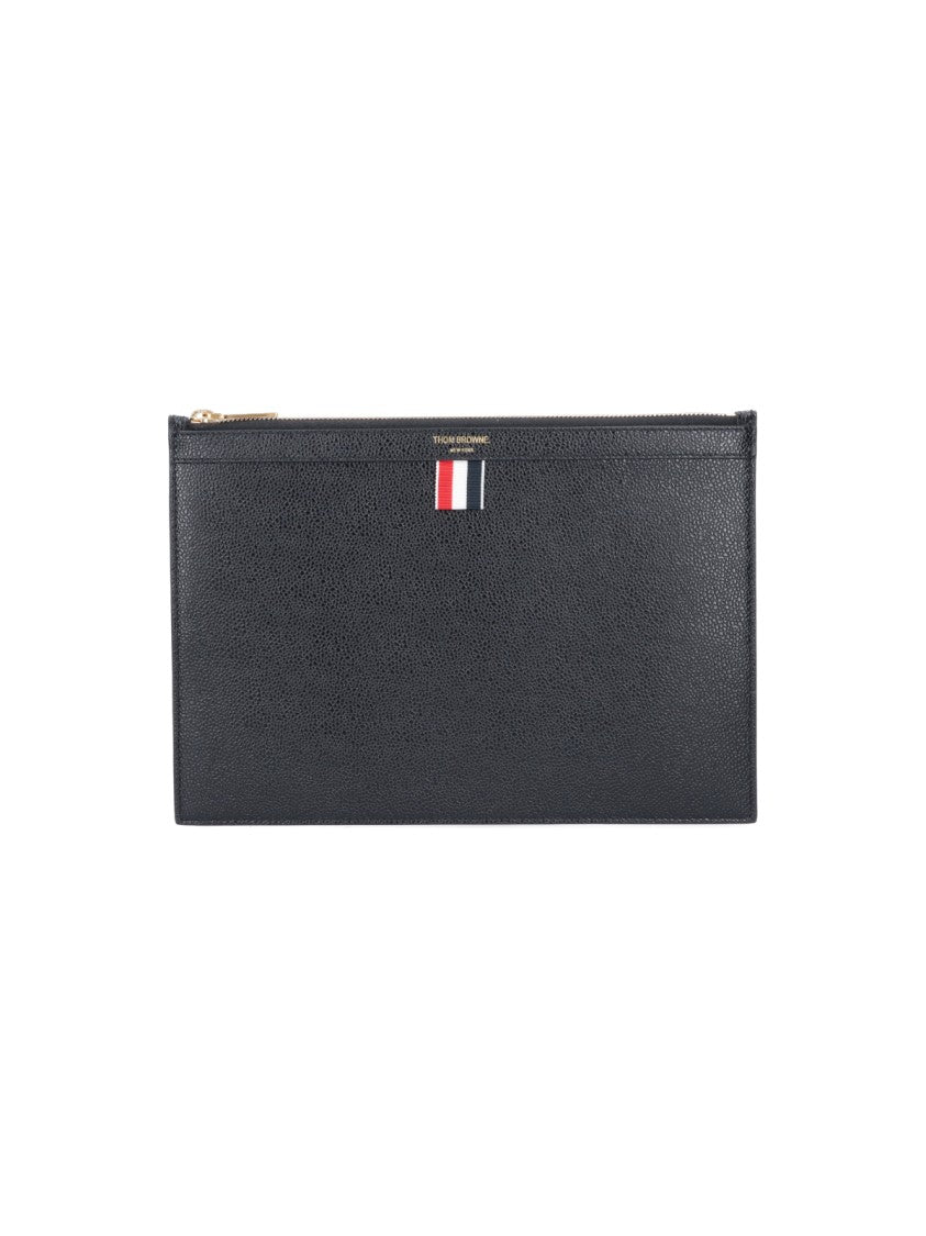 Thom Browne Rectangular Black Leather Pouch With Gold Zipper
