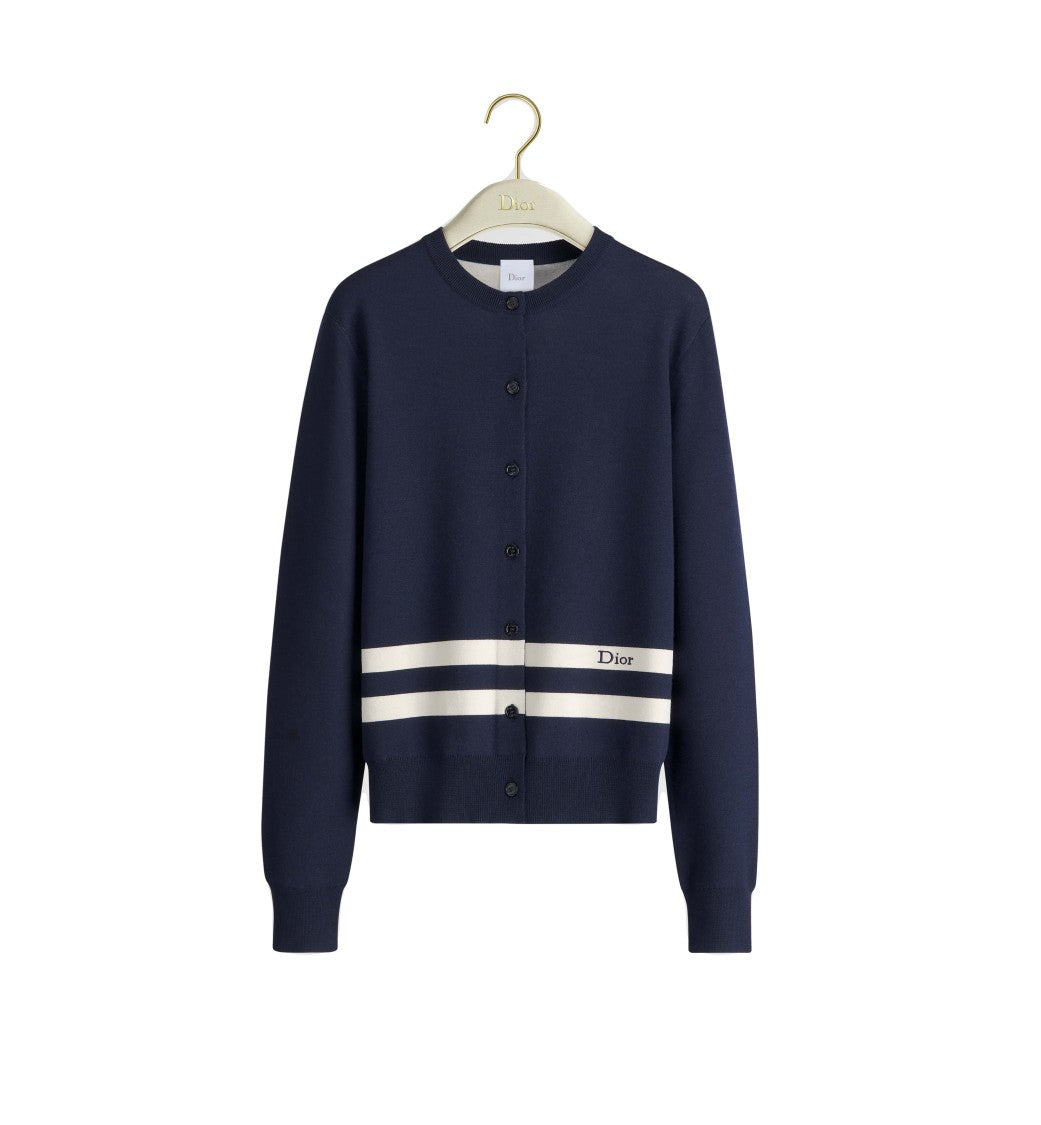 Christian Dior Classic Button-Up Knit Cardigan With Striped Hem