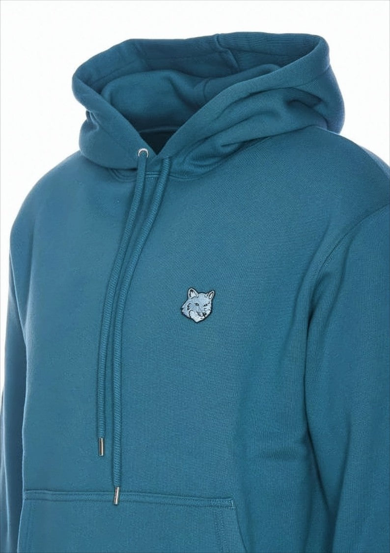 Maison Kitsuné Teal Blue Pullover Hoodie With Classic Design And Embroidered Logo