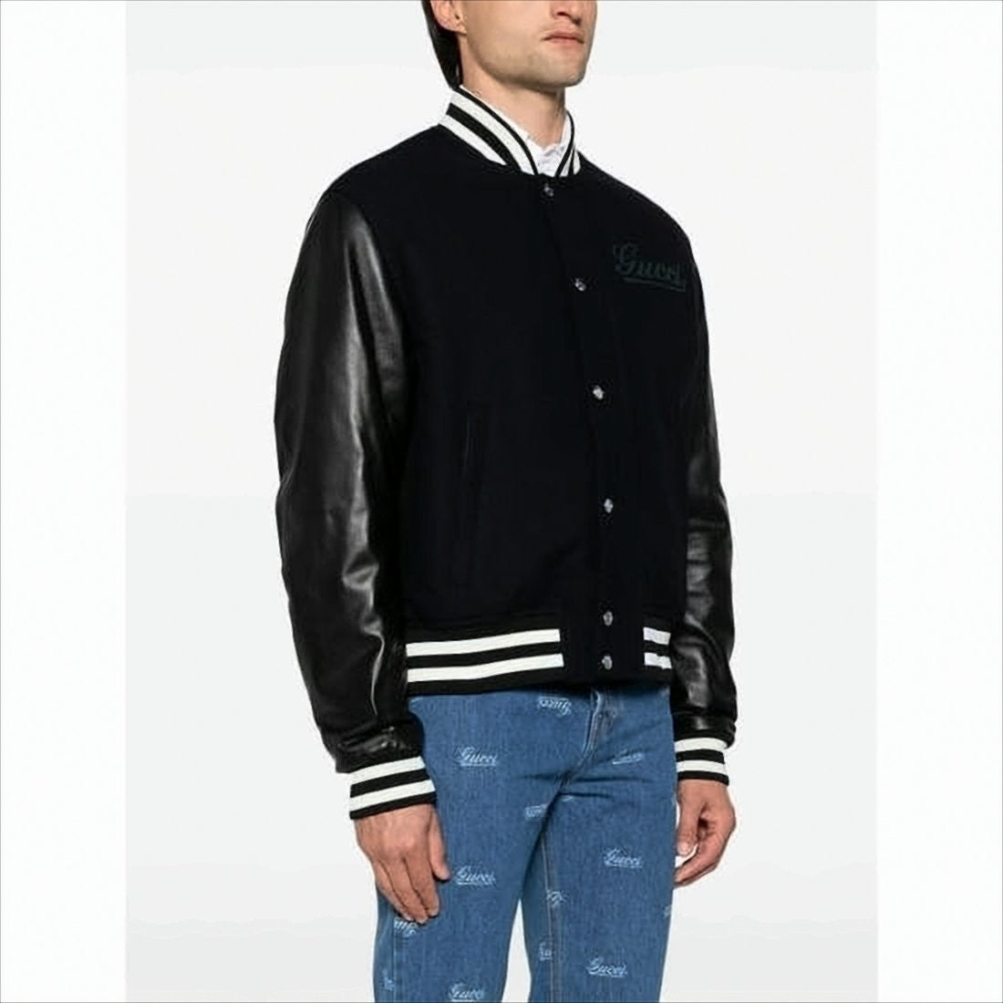 Gucci Varsity-Inspired Bomber Jacket With Leather Sleeves