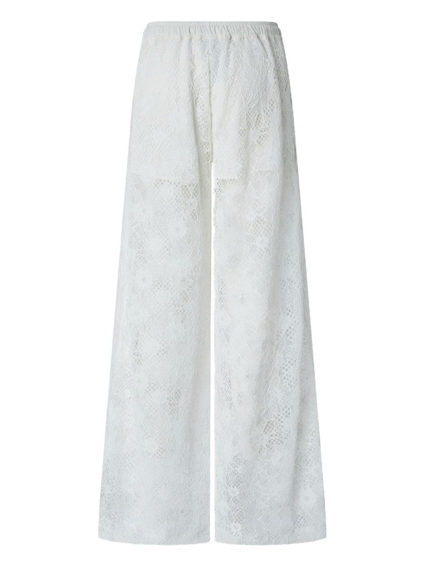 Pinko Wide-Leg White Lace Trousers With Floral Design