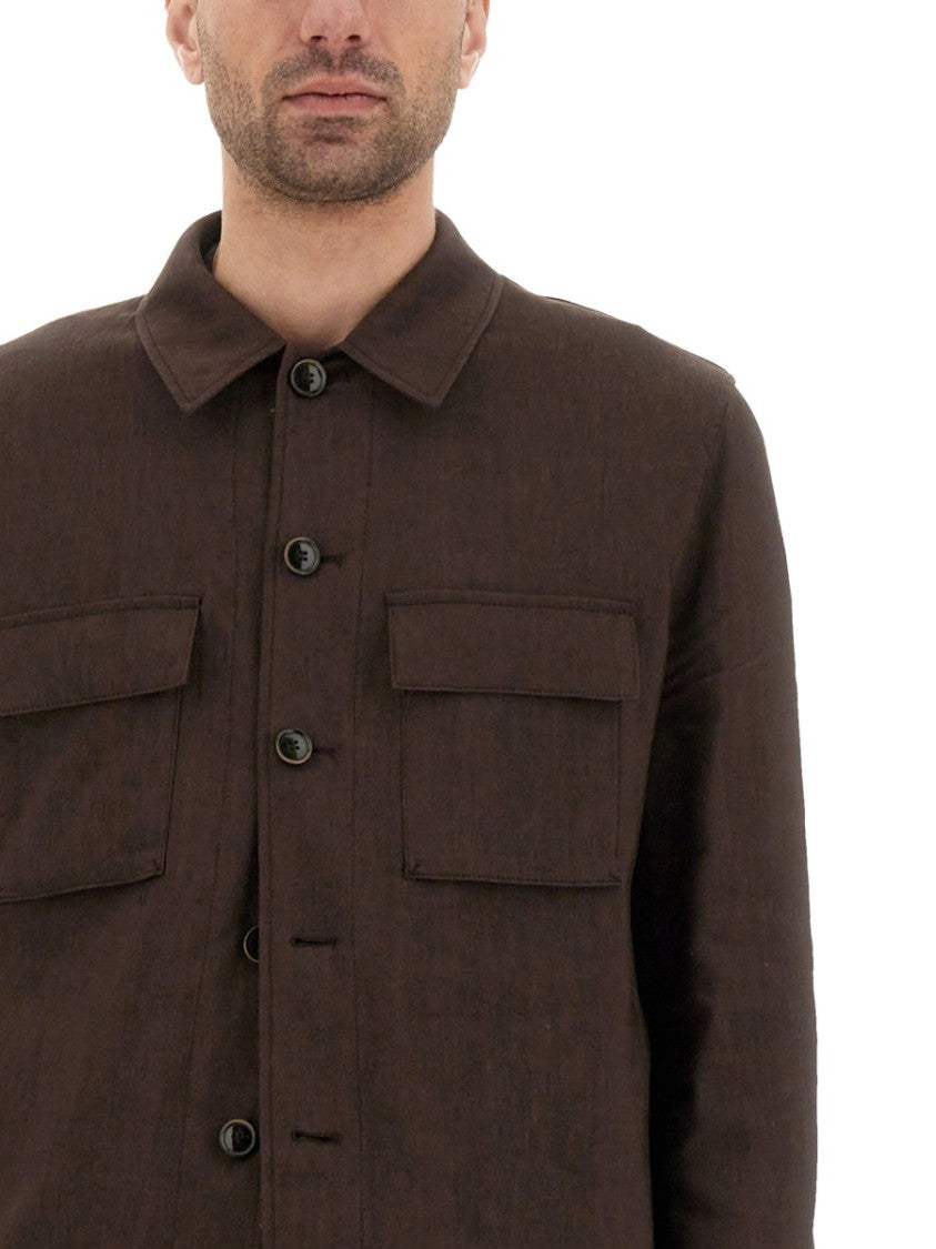 Boss Camel Textured Brown Button-Up Jacket With Classic Collar