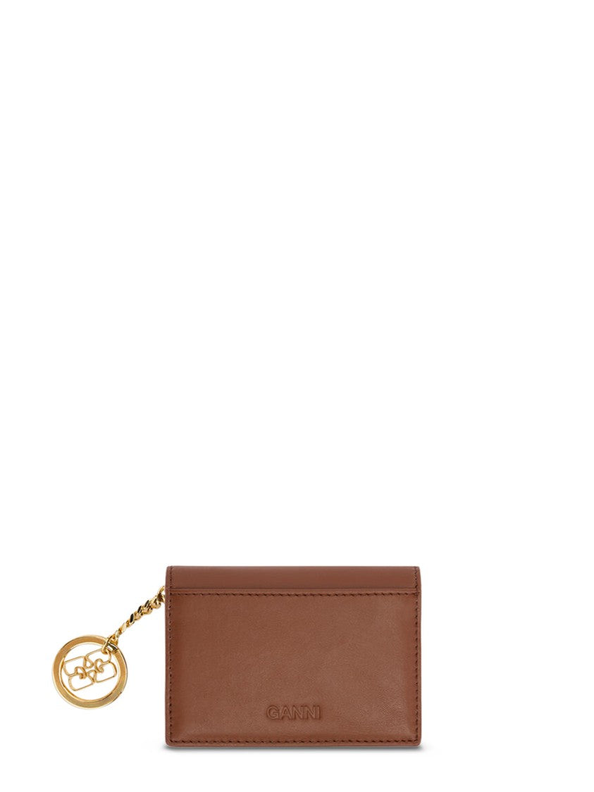 Ganni Embossed Logo Gold Charm Brown Leather Wallet