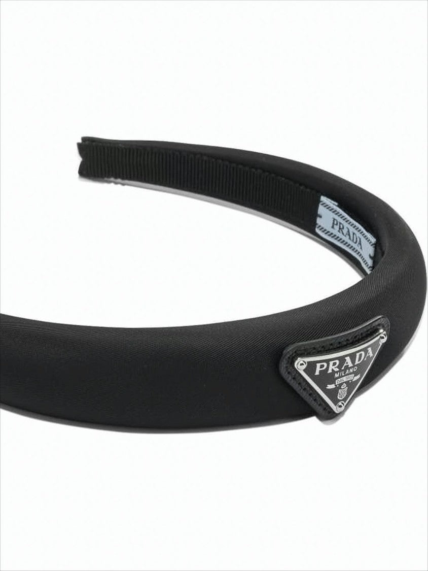 Prada Padded Black Polyamide Headband With Triangular Logo