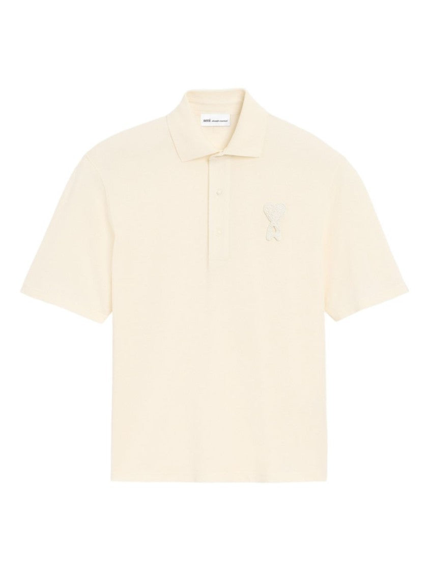 Ami Paris White Cream Piqué Knit Boxy Polo