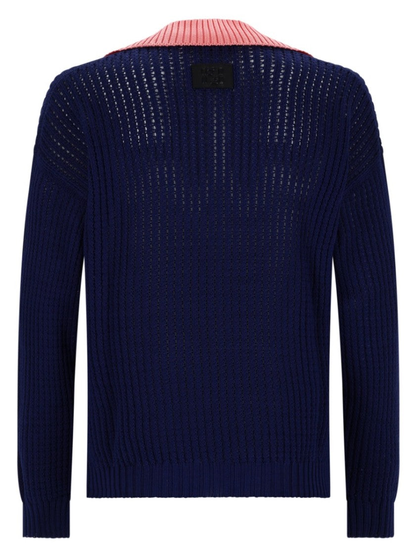 Fendi Textured Navy Knit Sweater With Contrasting Pink Collar