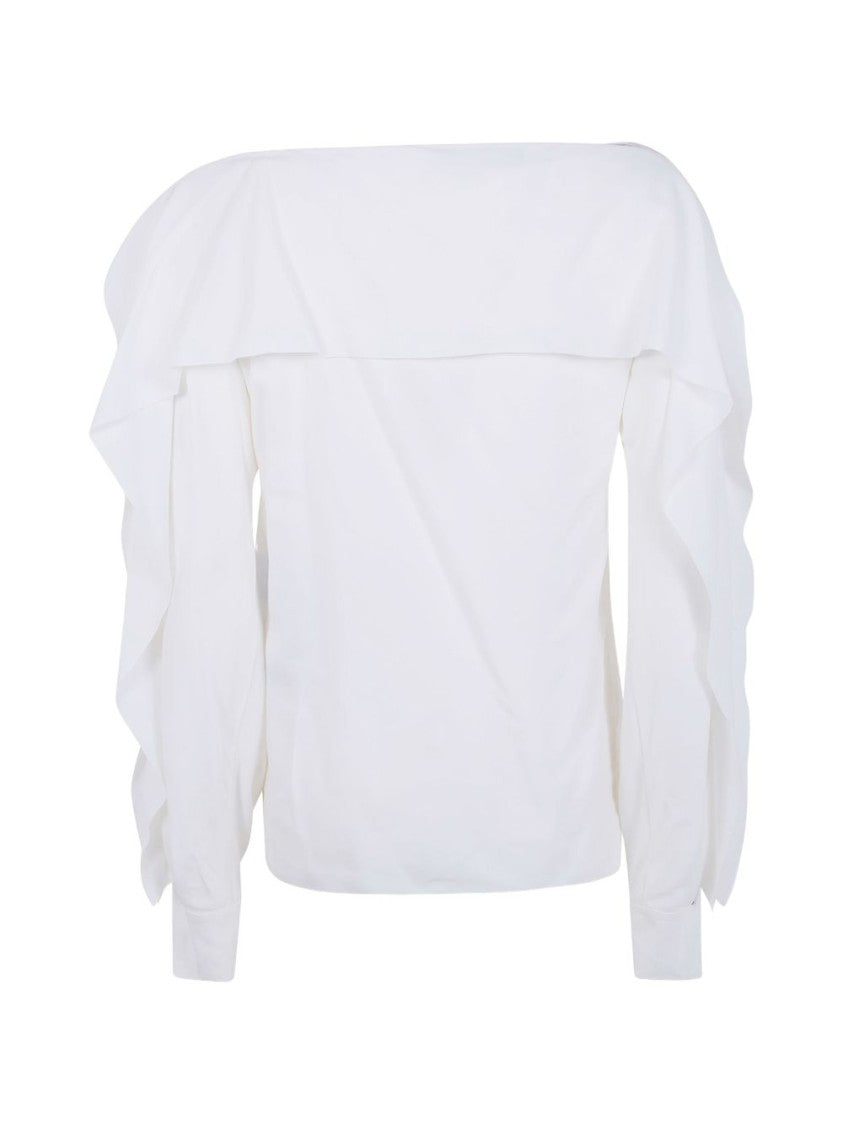Lanvin White Off-Shoulder Ruffled Long Sleeve Top