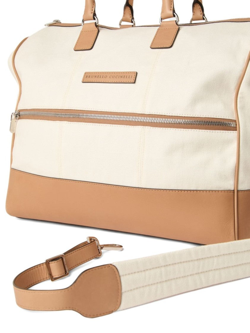 Brunello Cucinelli Rectangular Canvas Duffle Bag With Leather Accents