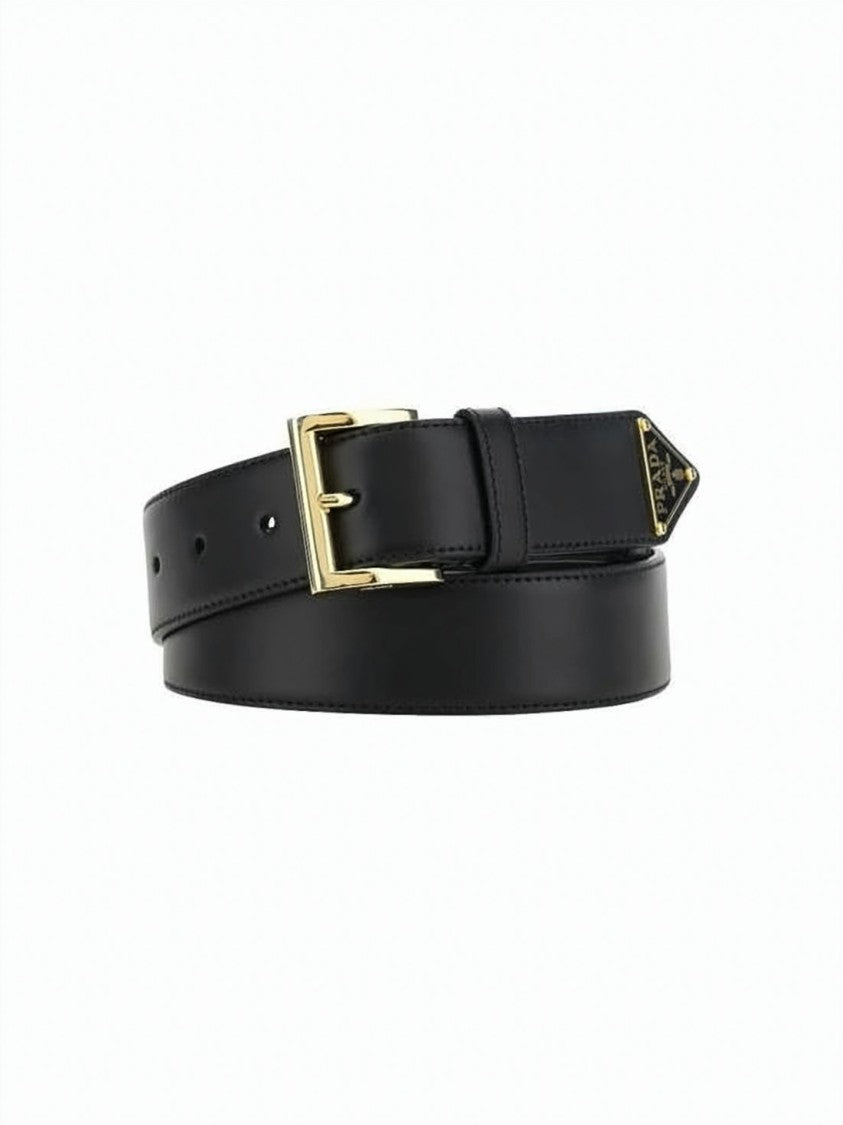 Prada Leather Belt With Polished Gold-Tone Buckle And Triangular Logo