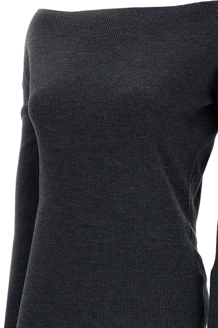 Parosh Grey Ribbed Wool Off-Shoulder Top