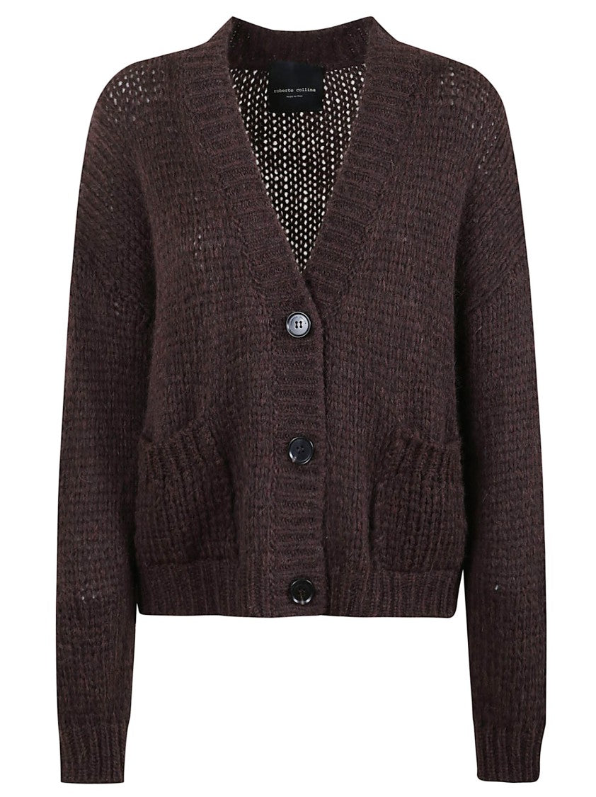 Roberto Collina Boxy Fit Brown Alpaca Wool Cardigan With Ribbed Details