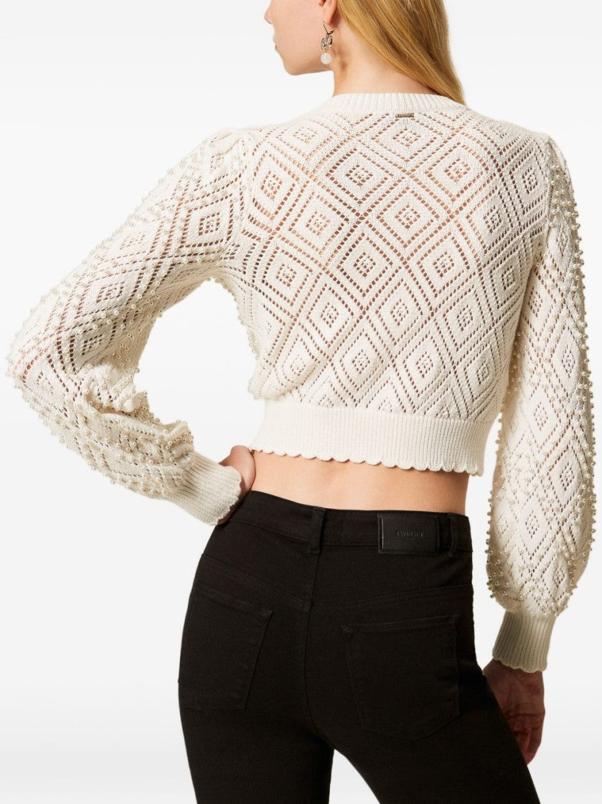 Twin-Set Cropped Knit Cardigan With Openwork Diamond Pattern And Puffed Sleeves