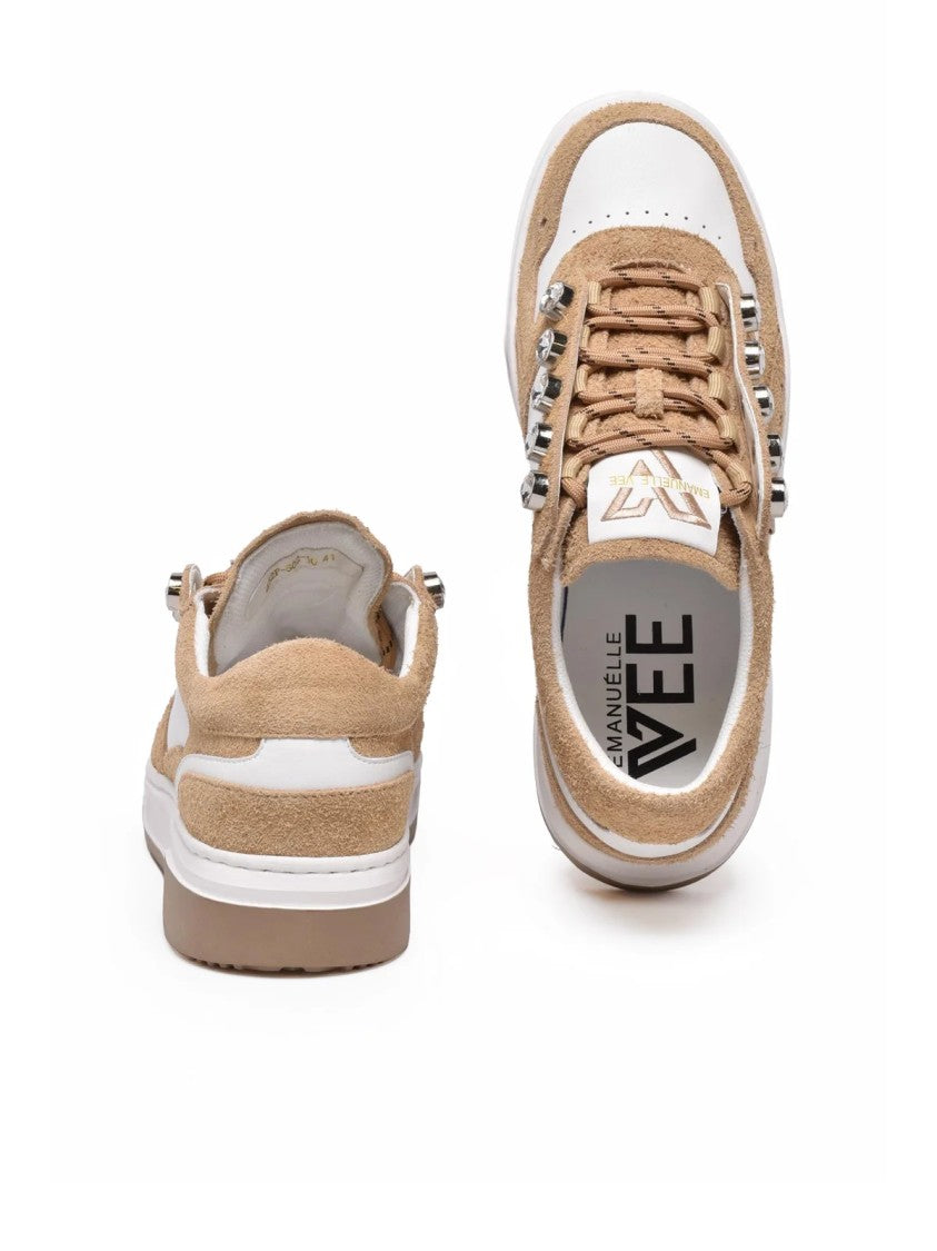 Emanuélle Vee White/Beige Suede Jewel Loop Low-Top Sneakers