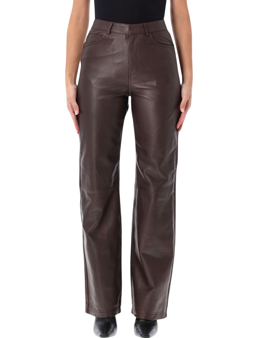 Rotate Brown Leather High-Waisted Straight-Leg Pants