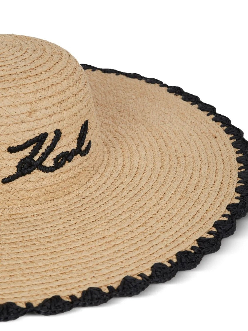 Karl Lagerfeld Wide-Brimmed Natural Straw Hat With Embroidered Signature