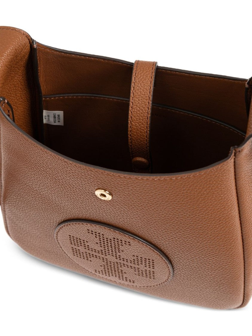 Tory Burch Structured Medium Brown Pebbled Leather Bag With Logo Detail