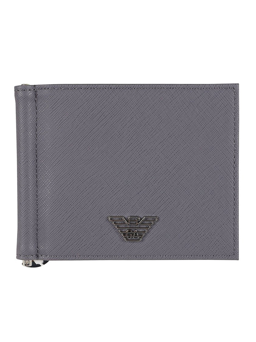 Emporio Armani Textured Grey Logo Plaque Money Clip Wallet