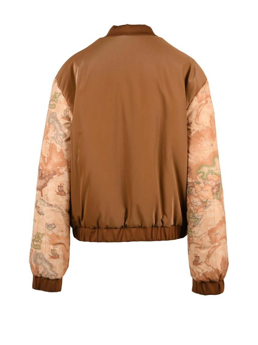 1 Classe Destination Brown Map Print Padded Viscose-Blend Bomber Jacket