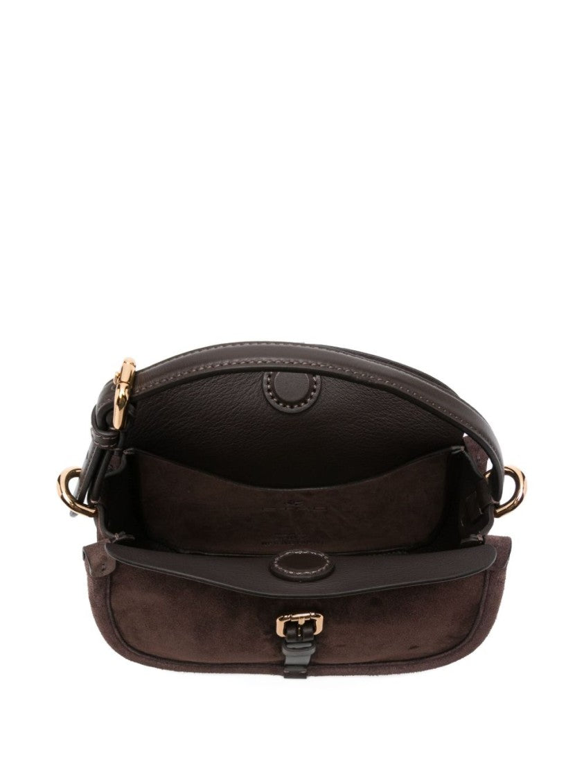 Etro Saddle-Shaped Dark Brown Suede Bag With Gold Accents