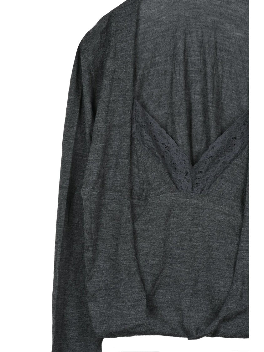 Alberta Ferretti Brushed Virgin Wool Sweater With Lace Trim And Relaxed Fit