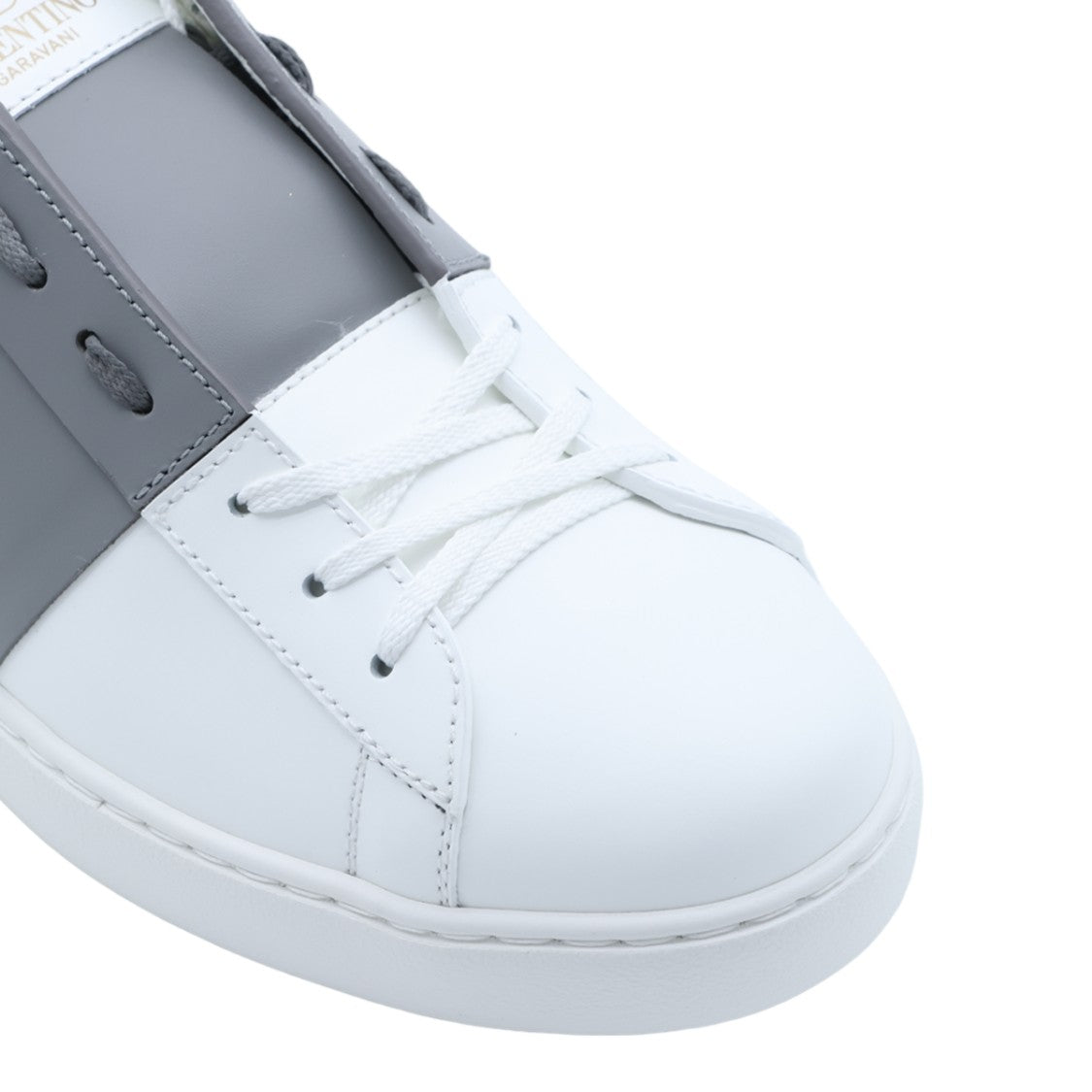 Valentino Garavani White Leather Sneakers With Grey Strap And Stud Accents