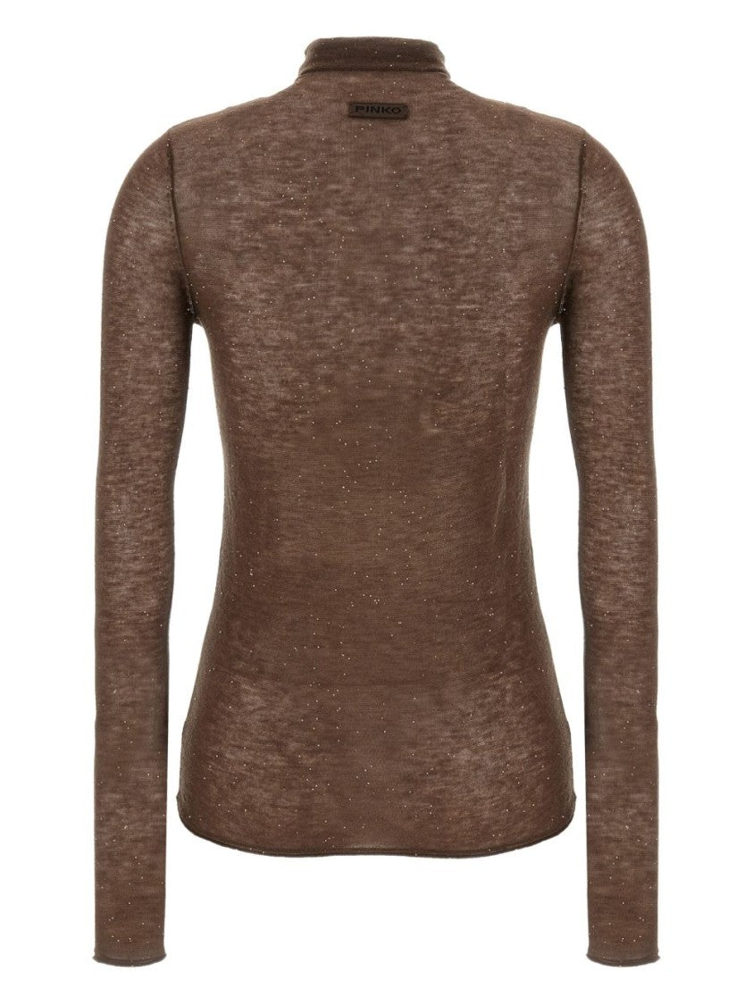 Pinko Fitted Brown Turtleneck Sweater With Subtle Sparkle