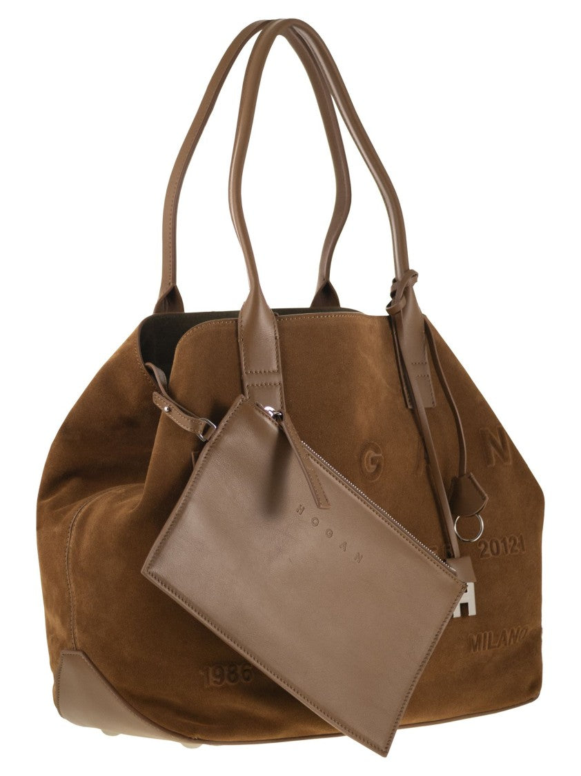 Hogan Medium Script Shopping Bag In Suede
