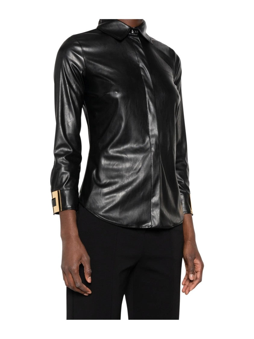 Elisabetta Franchi Black Leather Shirt With Geometric Gold Accents