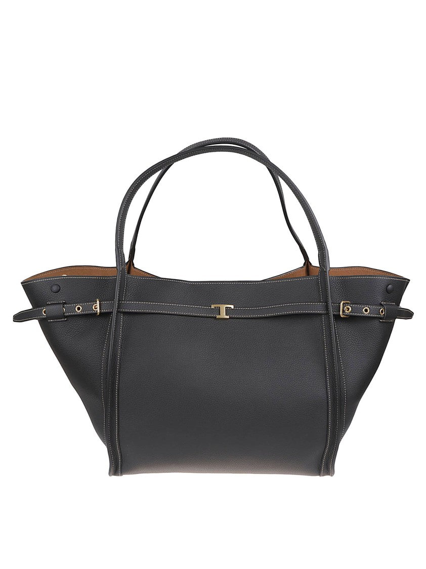 Tod's Structured Black Calfskin Shopping Bag With Iconic T Accessory