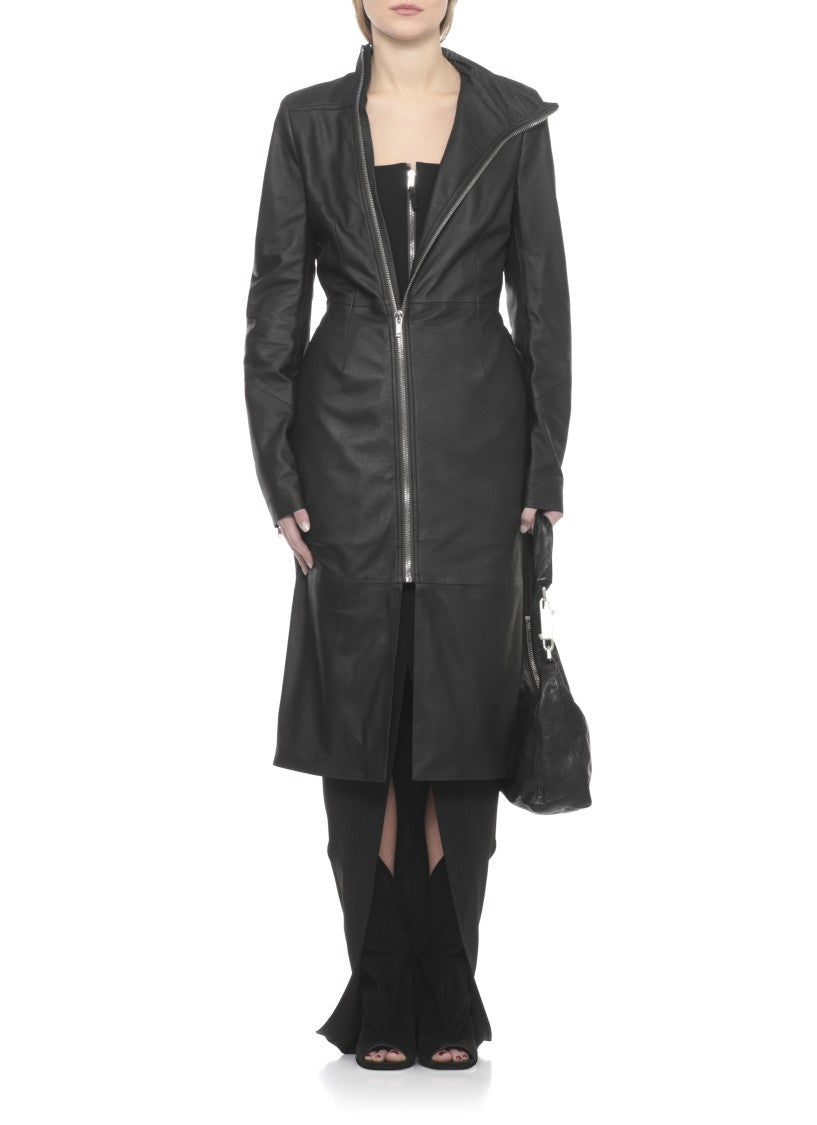 Rick Owens Black High Neck Gary Leather Coat