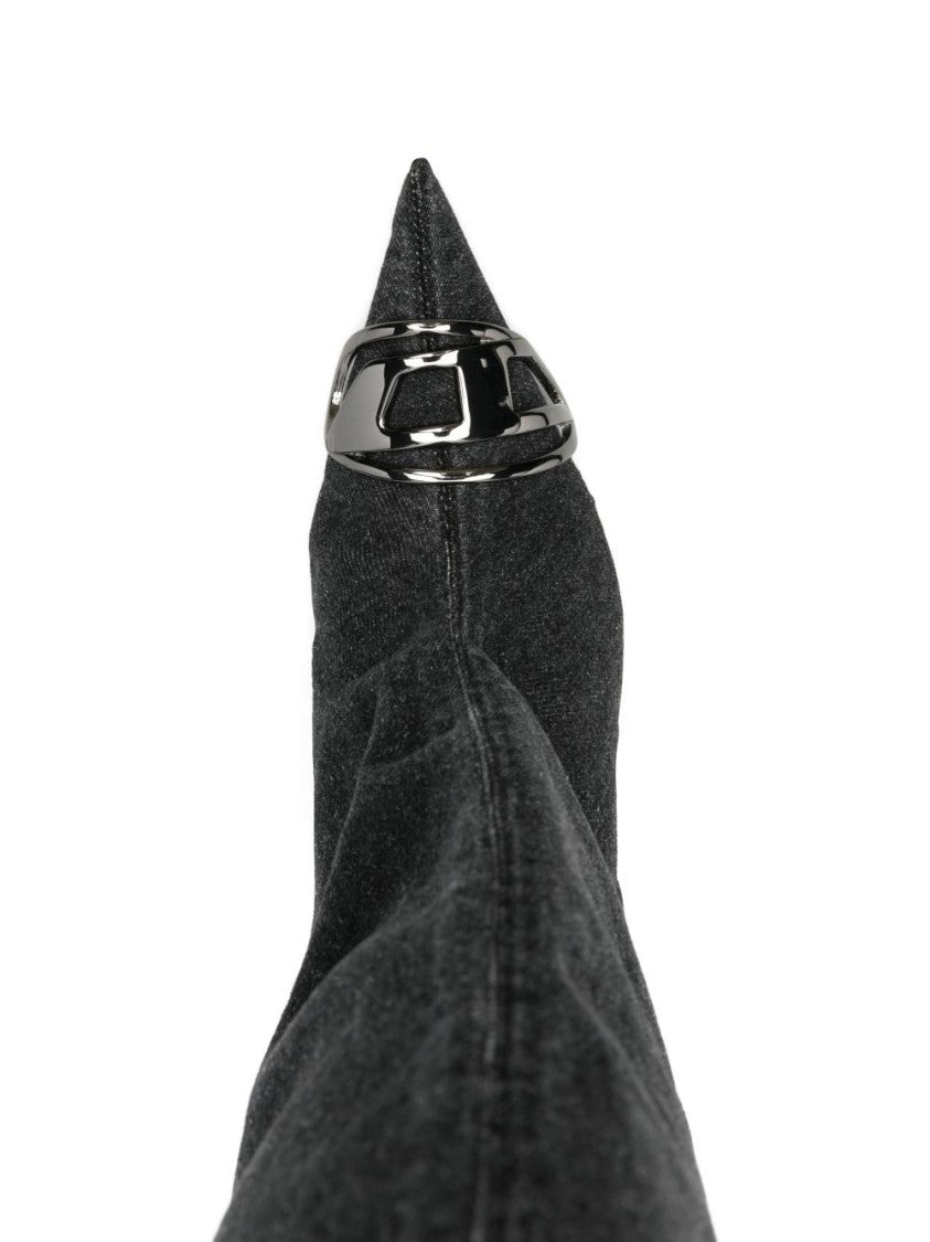 Diesel Black Blue Logo Plaque Pointed Boots