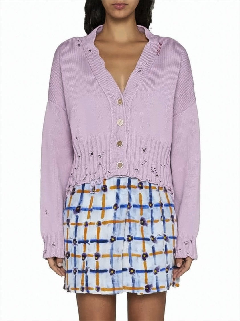 Marni Cropped Cotton Knit Cardigan With Distressed Detailing