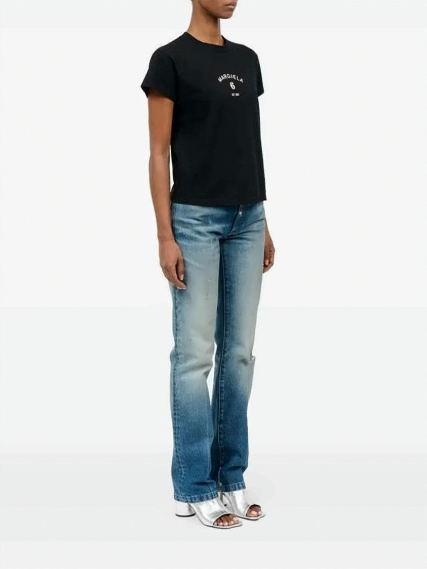 Mm6 By Maison Margiela Cropped Black T-Shirt With Front Print