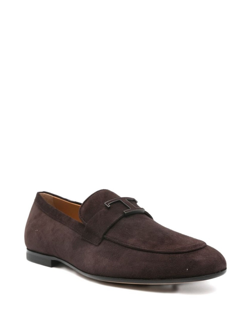 Tod's Brown Calf Suede T-Plaque Loafers