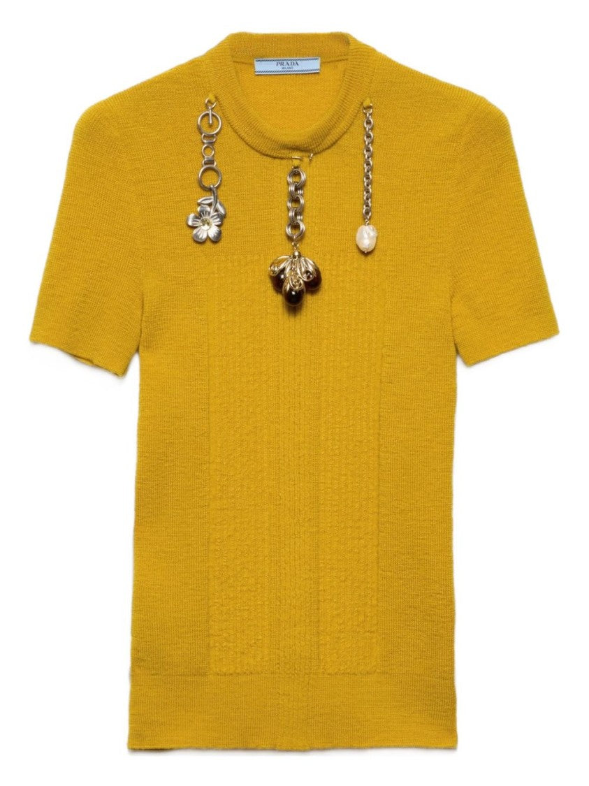 Prada Fitted Textured Wool Sweater With Decorative Charms
