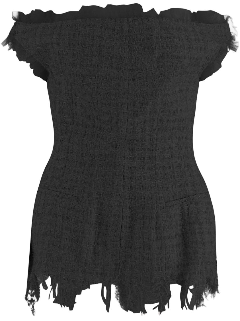 Matieres Fecales Black Fringed Off-Shoulder Technical Top