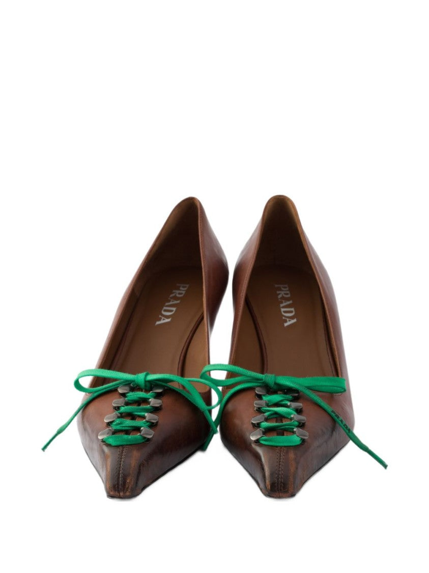 Prada Brown Leather Pointed Toe Lace-Up Flats