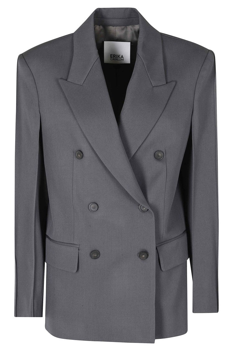 Erika Cavallini Gray Ambra Double-Breasted Structured Shoulders Wool Blazer