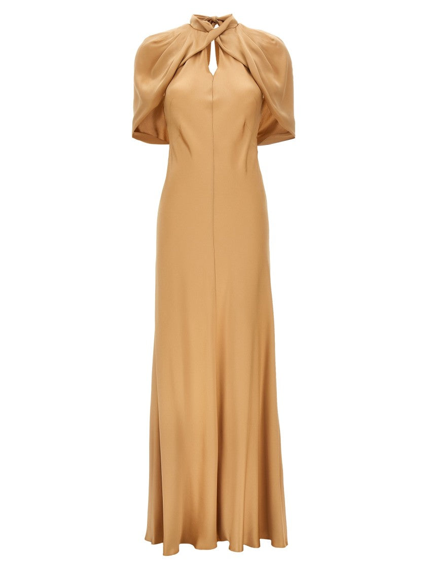 Alberta Ferretti High-Neck Satin Evening Dress With Teardrop Cut-Out