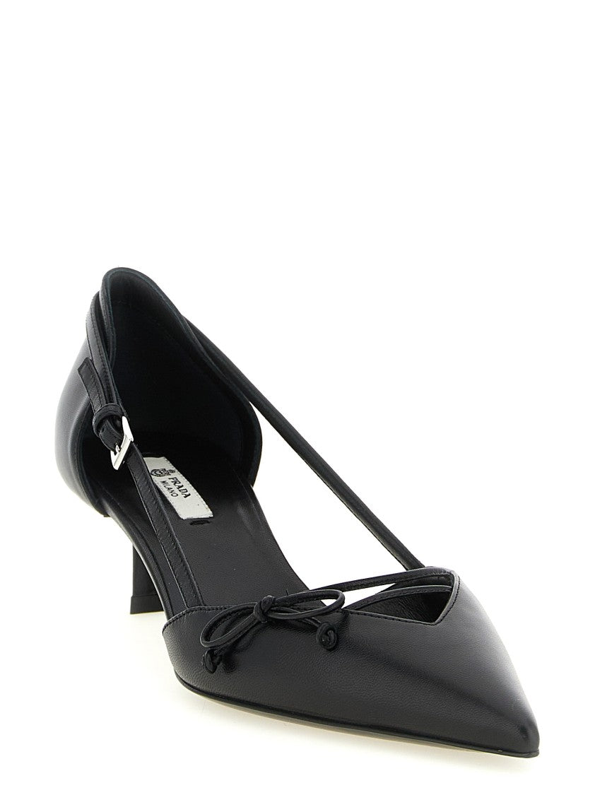Prada Open-Side Leather Pumps With Bow And Logo Detail
