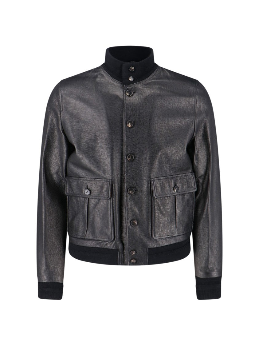 Valstar Textured Black Leather Jacket With Cashmere Ribbed Collar