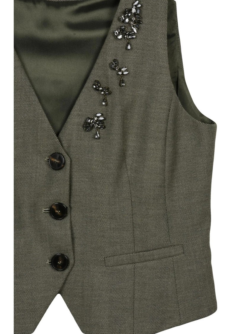Marella Tailored Green Wool Vest With Deep V-Neckline And Subtle Embellishments