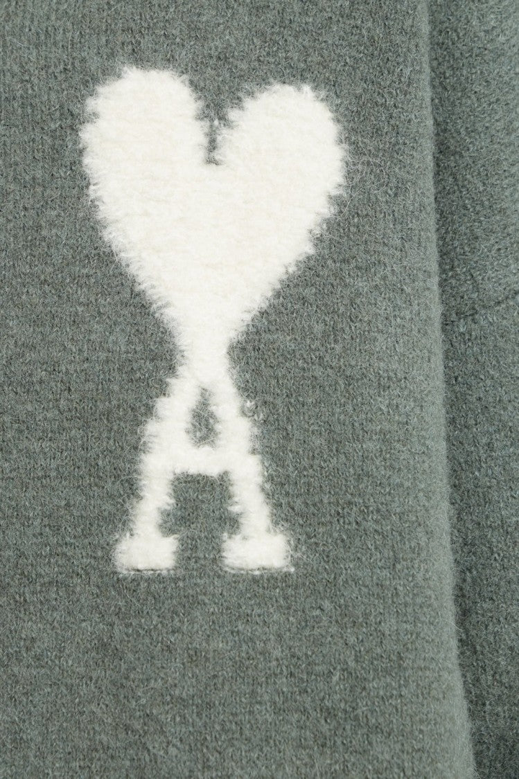 Ami Paris Grey Turtleneck Sweater With Ribbed Details And Heart Logo