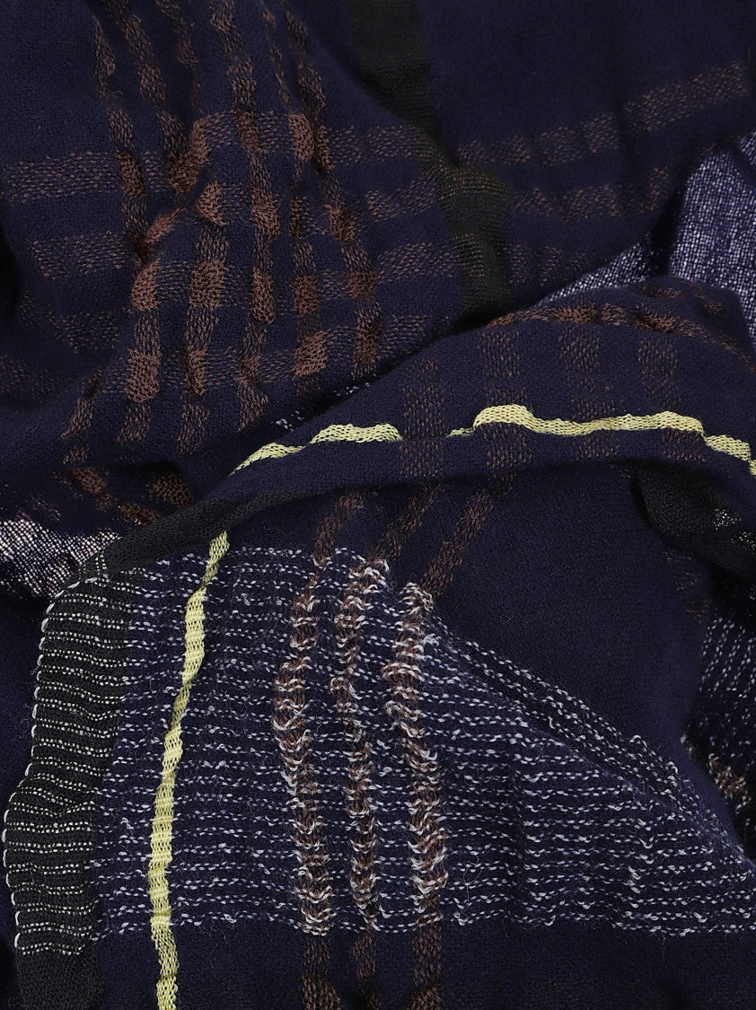 Yohji Yamamoto Navy Patterned Wool Blend Stole With Fringed Edges
