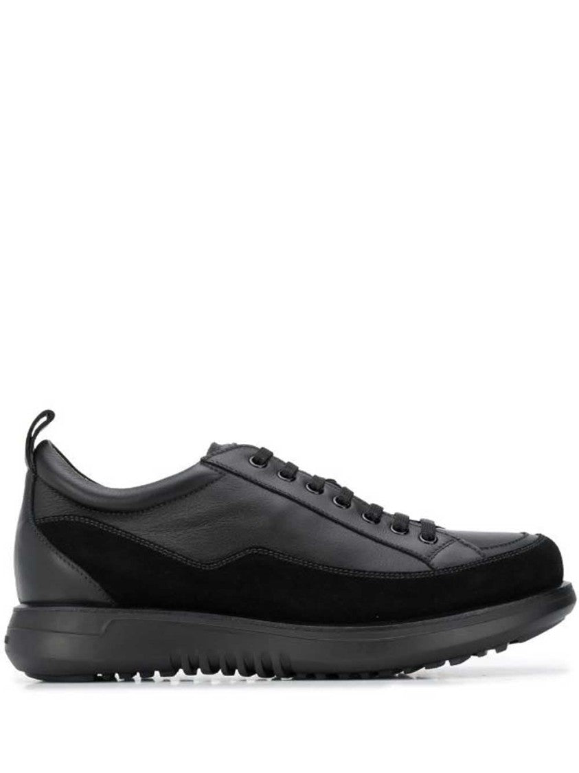 Giorgio Armani Monochromatic Black Leather Trainers With Suede Accents