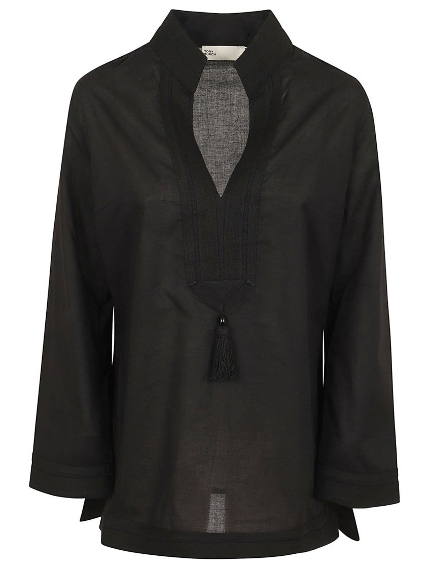 Tory Burch Relaxed Fit Cotton Voile Tunic With Herringbone Twill Accents