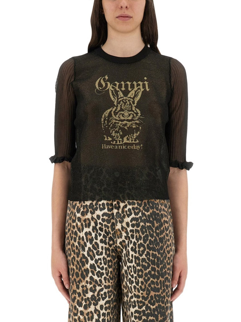 Ganni Transparent Jacquard Top With Playful Graphic