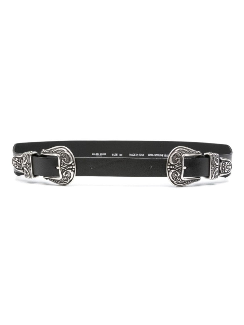 Golden Goose Black Leather Belt With Ornate Silver-Tone Buckle