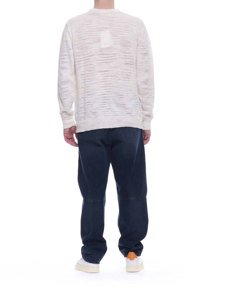 Atomofactory White Slub Crew-Neck Linen Blend Sweater