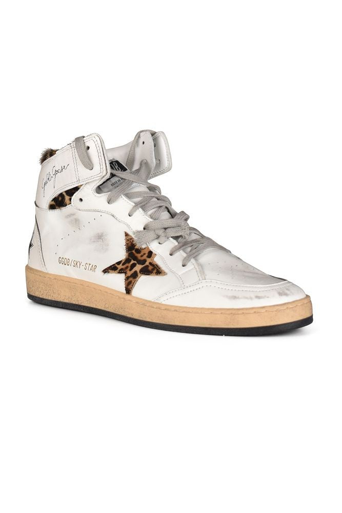 Golden Goose White High-Top Sneakers With Leopard Print Accents